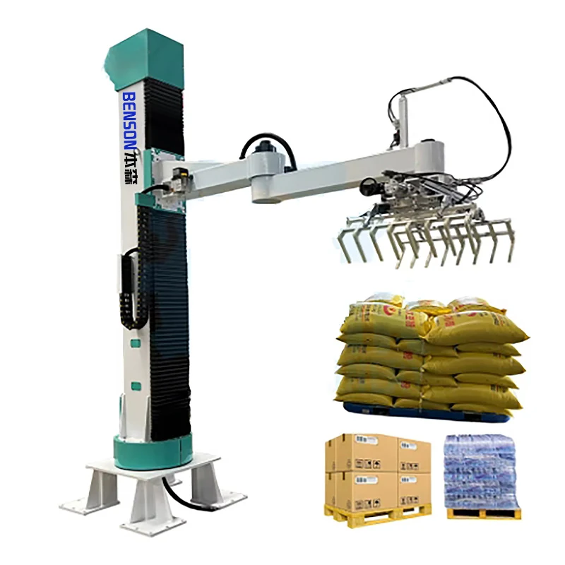 Automatic vertical column palletizer stacking system for bags, boxes and cartons, bag stacker, PLC control