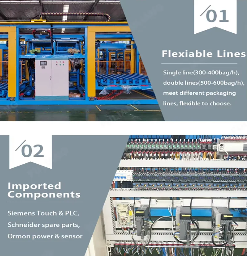 The gantry - type high - position palletizer is suitable for palletizing heavy objects with high load, has strong stability, a wide working range. It is produced by Benson manufacturer.
