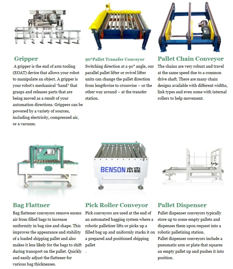 The gantry - type high - position palletizer is suitable for palletizing heavy objects with high load, has strong stability, a wide working range. It is produced by Benson manufacturer.