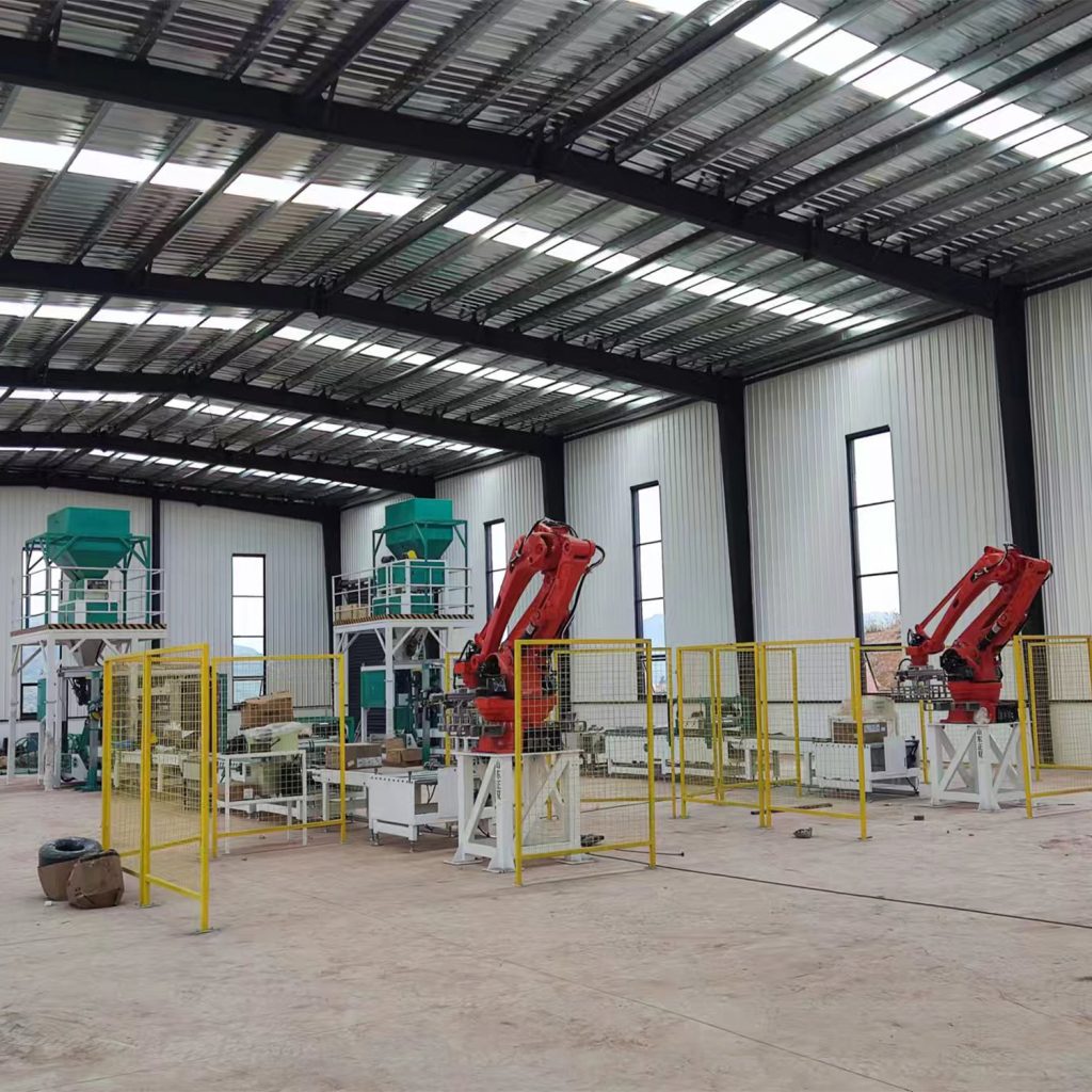 Fully automatic bagging and packaging machine 5-50 kg rice, beans, seeds, grains packaging machine with robot tray machine