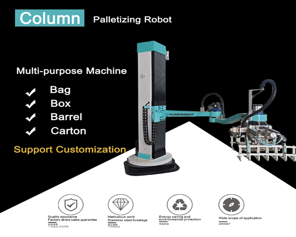 Fully automatic mechanical robot fertiliser column palletiser, 20kg 25kg 50kg compound fertiliser bagged factory robot palletising.