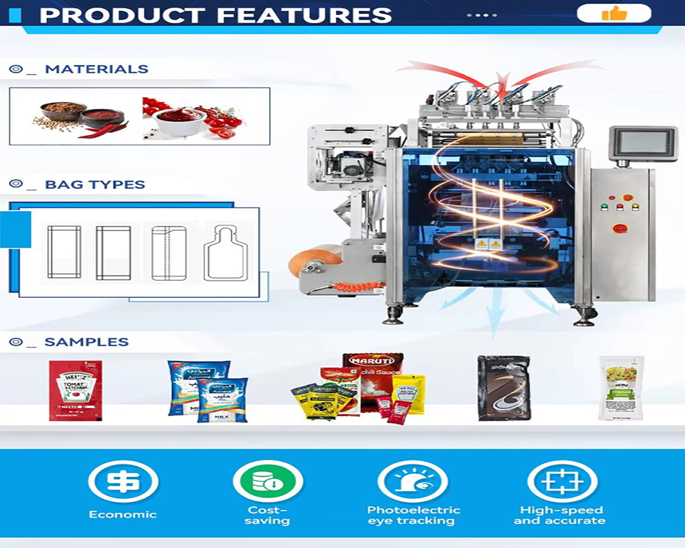 Fully automatic multi-functional vertical packaging machine, high efficiency sachet milk honey ketchup automatic roll film packaging machine.