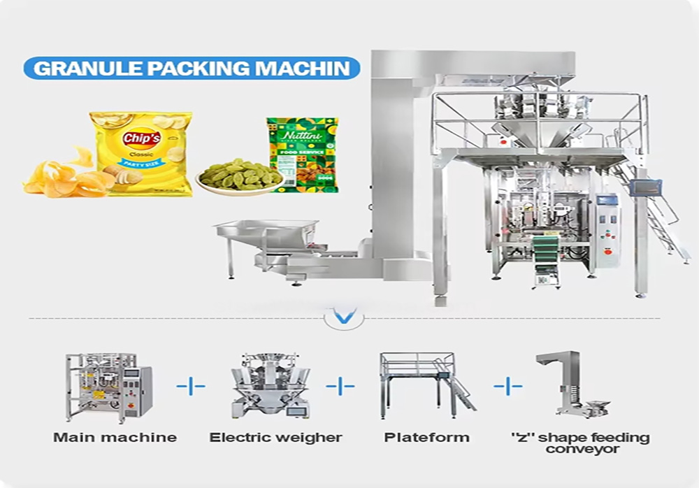 Combination multi-head weighing, automatic packaging of cereals, bagged whole wheat flour, oatmeal, millet, 10-50 kg corn granules, black sesame paste, high-efficiency packaging machine