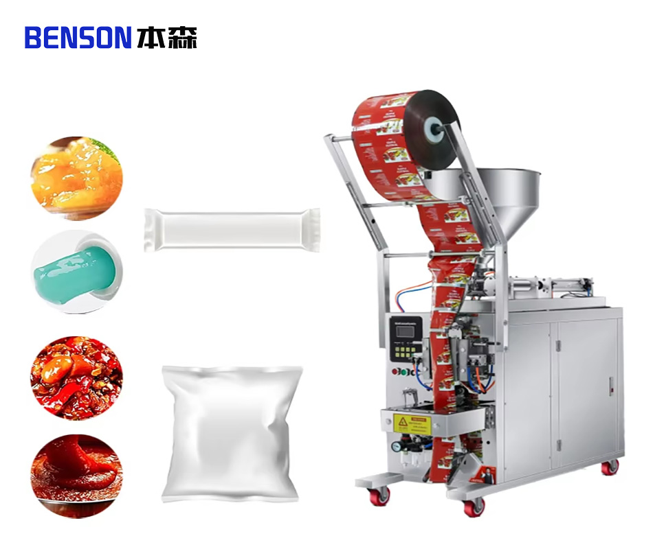 Fully automatic bagged sauce tomato sauce roll film packaging machine quantitative syrup paste liquid filling vertical packaging machine, using PLC control, aluminum foil